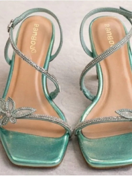 Mint Green Rhinestone Floral Ankle-Strap Heels - Women's Dress Sandals - Picture 3 of 5